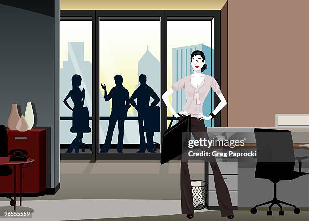 ilustrações de stock, clip art, desenhos animados e ícones de businesswoman with briefcase standing in office - business woman desk stand