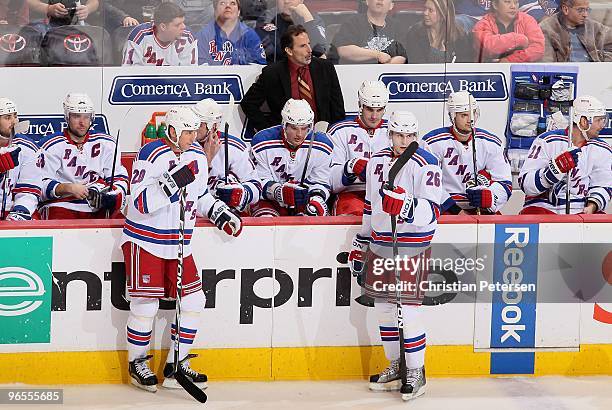 Vaclav Prospal, John Tortorella, and Erik Christensen of the New York Rangers during the NHL game against the Phoenix Coyotes at Jobing.com Arena on...