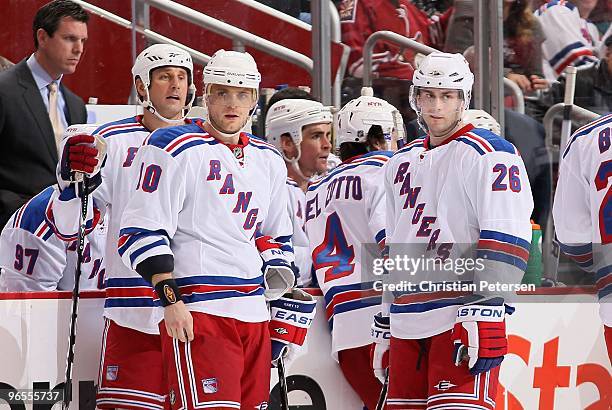 Marian Gaborik and Erik Christensen of the New York Rangers during the NHL game against the Phoenix Coyotes at Jobing.com Arena on January 30, 2010...