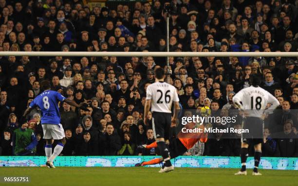Petr Cech of Chelsea saves the penalty kick of Louis Saha of Everton during the Barclays Premier League match between Everton and Chelsea at Goodison...