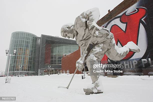 An exterior view of the Prudential Center during a blizzard prior to the game between the Philadelphia Flyers and the New Jersey Devils on February...