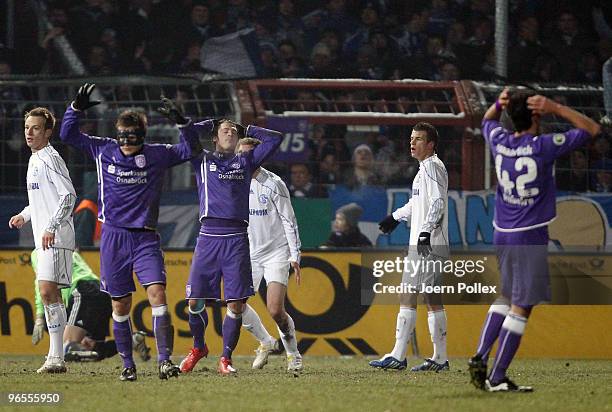 Player of Osnabrueck gesture during the DFB Cup quarter final match between VfL Osnabrueck and FC Schalke 04 at osnatel Arena on February 10, 2010 in...