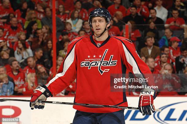 Eric Fehr of the Washington Capitals looks on during a NHL hockey game against the Florida Panthers on January 29, 2010 at the Verizon Center in...