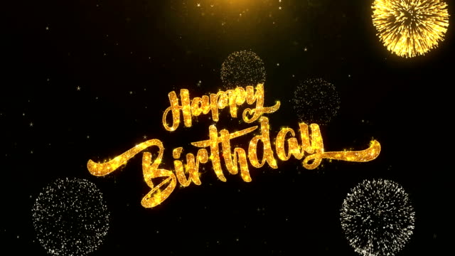 Happy birthday Greeting Card text Reveal from Golden Firework & Crackers on Glitter Shiny Magic Particles Sparks Night for Celebration, Wishes, Events, Message, holiday, festival