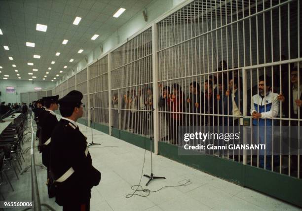 Members of the urban mafia 'La Camorra' stand trial in what used to be the soccer field of the Poggioreale prison. 300 lawyers and more than a...