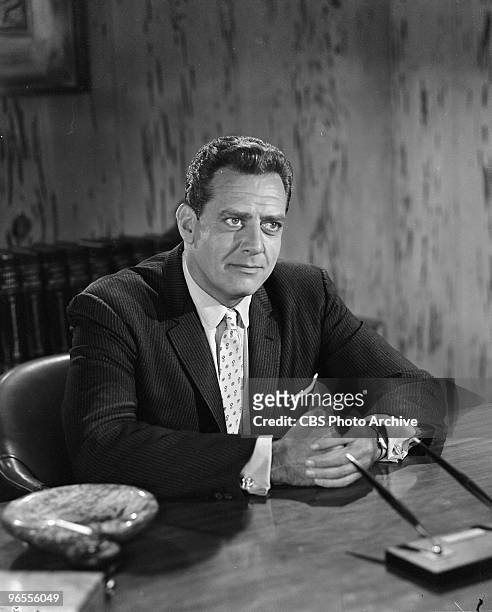 Actor Raymond Burr as Perry Mason performs in a scene from an episode of the TV series "Perry Mason" entitled ?The Case of the Crying Comedian? on...