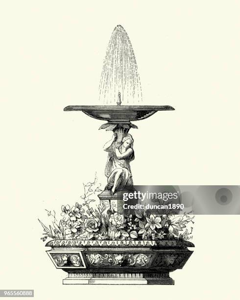 stockillustraties, clipart, cartoons en iconen met victoriaanse inrichting, fontein, jaren 1850 - fontein
