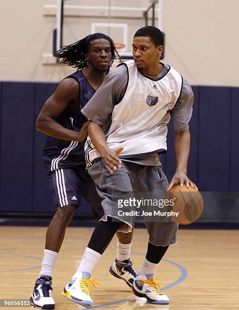 Rudy Gay of the Memphis Grizzlies drives with the ball against DeMarre Carroll of the Memphis Grizzlies during a team practice on February 4, 2010 at...