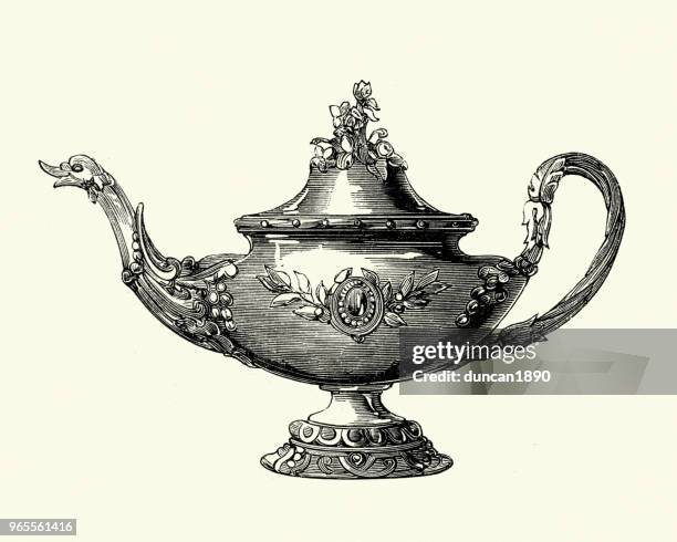 victorian decor, tea pot, 1850s - teapot stock illustrations