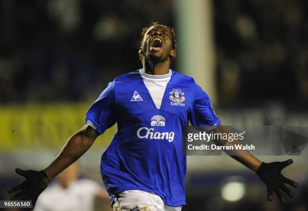 Louis Saha of Everton celebrates scoring his team's second goal during the Barclays Premier League match between Everton and Chelsea at Goodison Park...