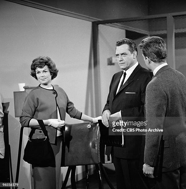 Actors Barbara Hale as Della Street, Raymond Burr as Perry Mason and Karl Held as David Gideon perform in scene a from an episode of the TV series...