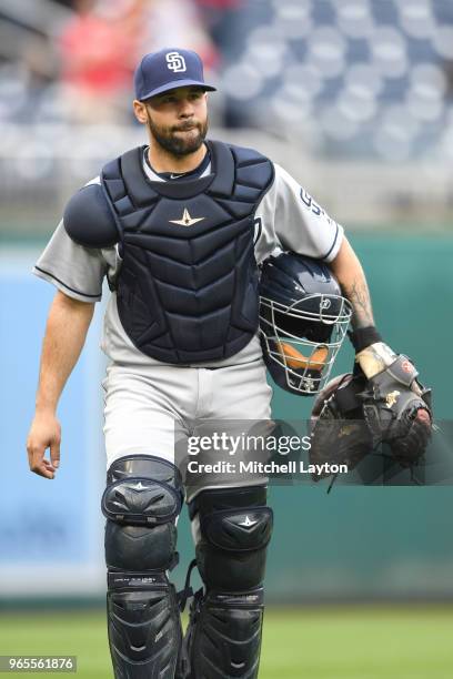 Raffy Lopez of the San Diego Padres walks to the dug out before a baseball game against the Washington Nationals at Nationals Park on May 22, 2018 in...