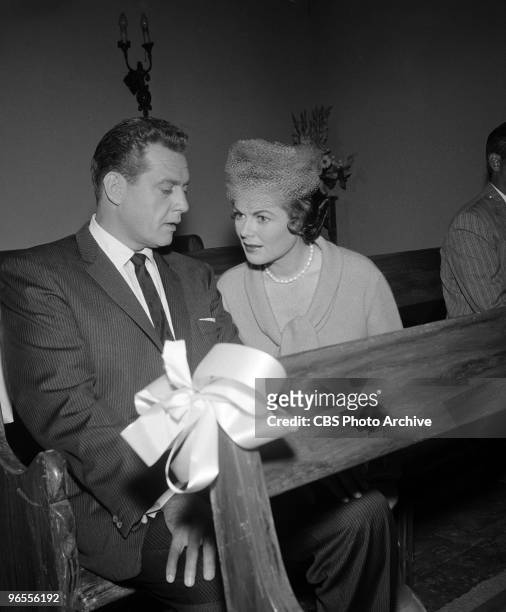 Actors Barbara Hale as Della Street and Raymond Burr as Perry Mason perform in a scene from an episode of the TV series "Perry Mason" entitled ?The...