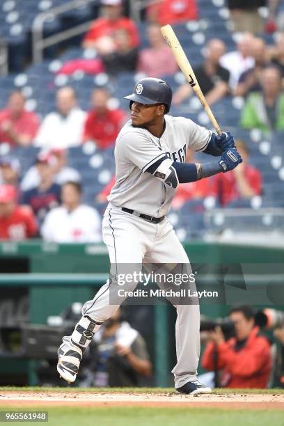 Franchy Cordero of the San Diego Padres prepares for a pitch during a baseball game against the Washington Nationals at Nationals Park on May 22,...