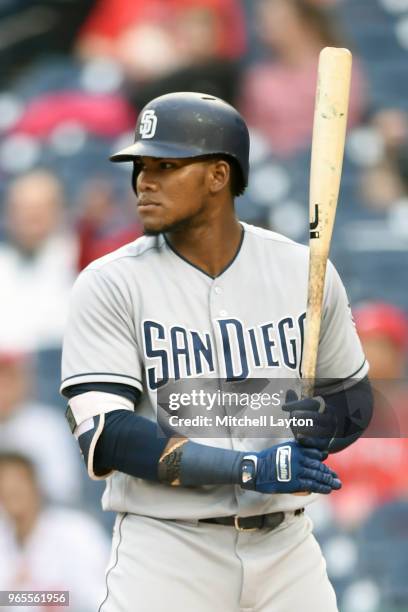 Franchy Cordero of the San Diego Padres prepares for a pitch during a baseball game against the Washington Nationals at Nationals Park on May 22,...