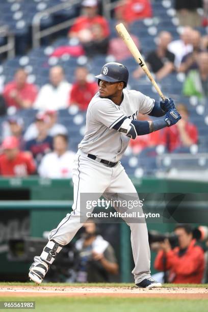 Franchy Cordero of the San Diego Padres prepares for a pitch during a baseball game against the Washington Nationals at Nationals Park on May 22,...