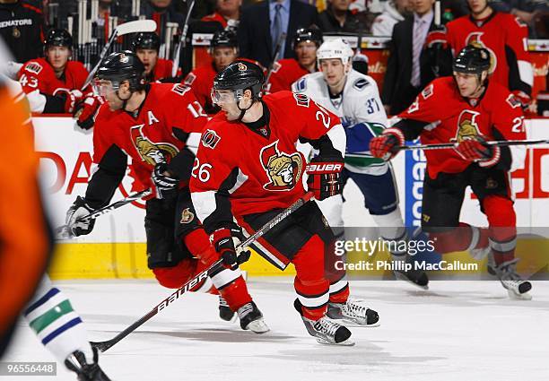 Ryan Shannon of the Ottawa Senators skates with the puck against the Vancouver Canucks during the NHL game at Scotiabank Place on February 4, 2010 in...