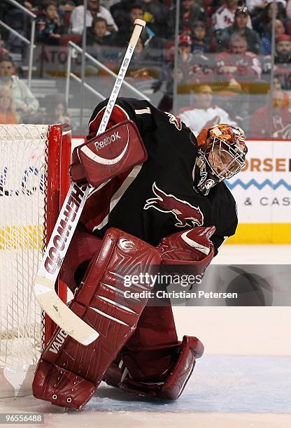 Goaltender Jason LaBarbera of the Phoenix Coyotes in action during the NHL game against the New York Rangers at Jobing.com Arena on January 30, 2010...