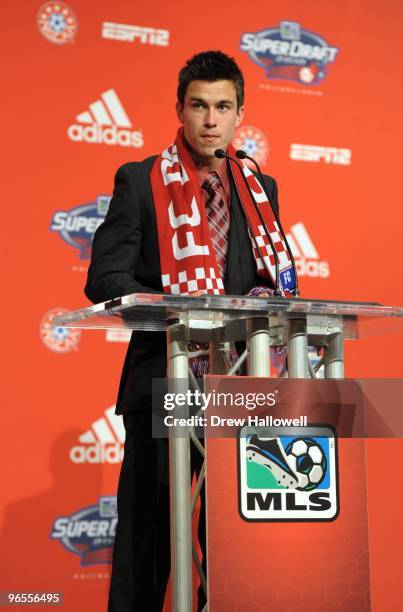 Andrew Wiedeman stands at the podium after being selected by FC Dallas during in the second round 21st overall in the 2010 MLS SuperDraft on January...