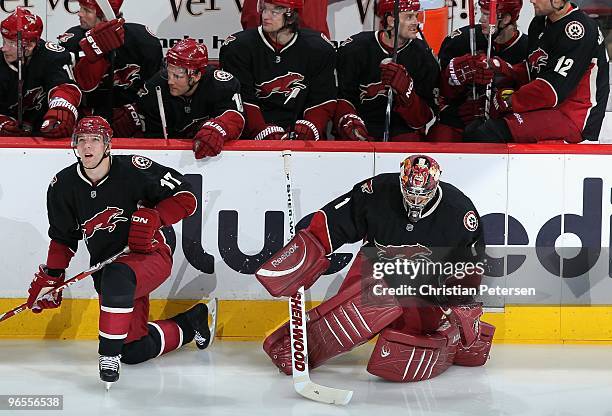 Radim Vrbata and goaltender Jason LaBarbera of the Phoenix Coyotes before the NHL game against the New York Rangers at Jobing.com Arena on January...