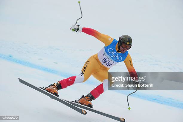 Jan Hudec of Canada practices during the Men's Downhill skiing 1st training run ahead of the Vancouver 2010 Winter Olympics on February 10, 2010 in...