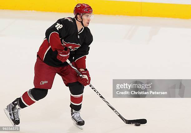 Sami Lepisto of the Phoenix Coyotes skates with the puck during the NHL game against the New York Rangers at Jobing.com Arena on January 30, 2010 in...
