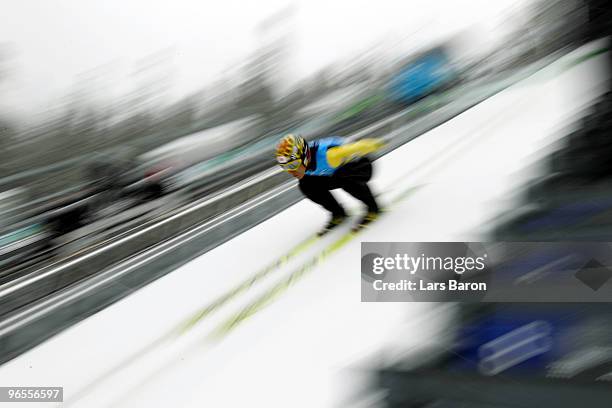 Noriaki Kasai of Japan trains in the Ski Jumping at Whistler Olympic Park ahead of the Vancouver 2010 Winter Olympics on February 10, 2010 in...