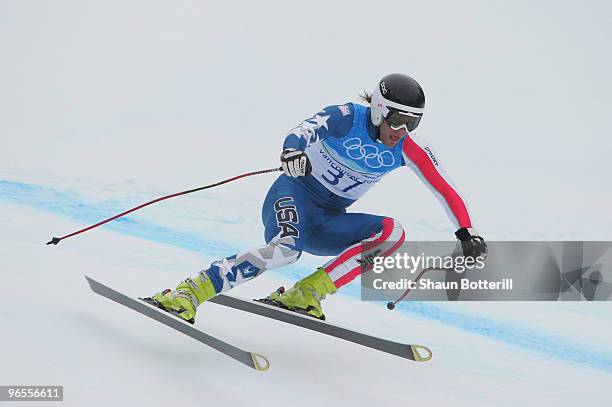 Steven Nyman of the United States practices during the Men's Downhill skiing 1st training run ahead of the Vancouver 2010 Winter Olympics on February...