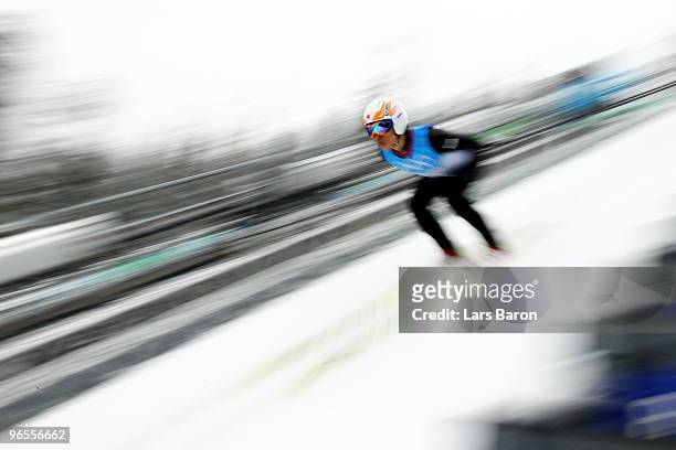 Taku Takeuchi of Japan trains in the Ski Jumping at Whistler Olympic Park ahead of the Vancouver 2010 Winter Olympics on February 10, 2010 in...