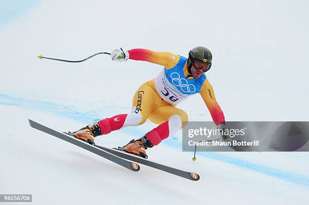 Jan Hudec of Canada practices during the Men's Downhill skiing 1st training run ahead of the Vancouver 2010 Winter Olympics on February 10, 2010 in...