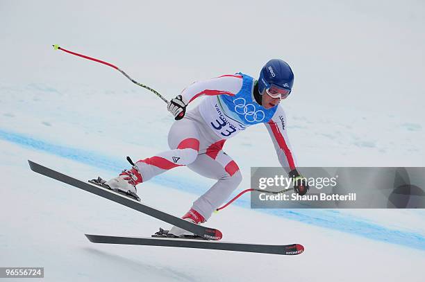 Benjamin Raich of Austria practices during the Men's Downhill skiing 1st training run ahead of the Vancouver 2010 Winter Olympics on February 10,...