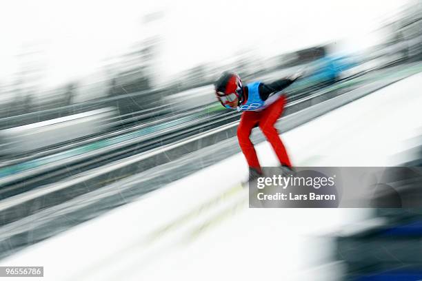 Takanobu Okabe of Japan trains in the Ski Jumping at Whistler Olympic Park ahead of the Vancouver 2010 Winter Olympics on February 10, 2010 in...