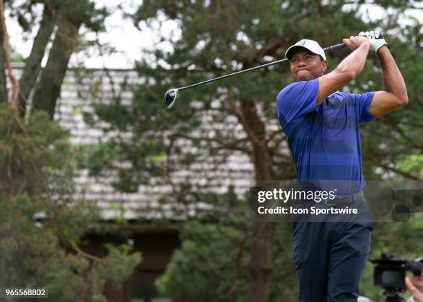 Tiger Woods tees off during the second round of the Memorial Tournament at Muirfield Village Golf Club in Dublin, Ohio on June 01, 2018.