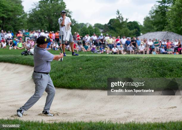 Jason Dufner hit from a bunker during the second round of the Memorial Tournament at Muirfield Village Golf Club in Dublin, Ohio on June 01, 2018.