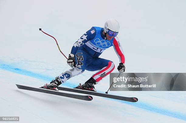 Marco Sullivan of the United States practices during the Men's Downhill skiing 1st training run ahead of the Vancouver 2010 Winter Olympics on...