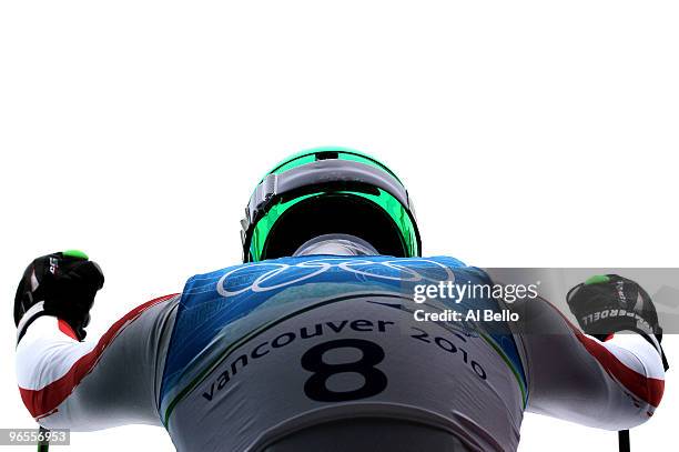 Klaus Kroell of Austria practices during the Men's Downhill skiing 1st training run ahead of the Vancouver 2010 Winter Olympics on February 10, 2010...