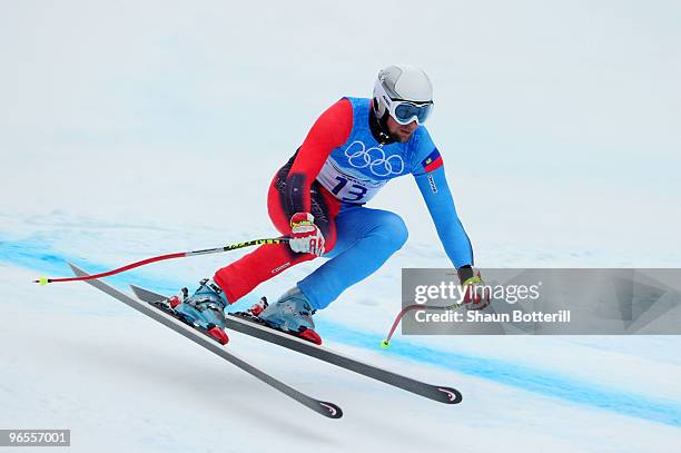 Marco Buechel of Liechtenstein practices during the Men's Downhill skiing 1st training run ahead of the Vancouver 2010 Winter Olympics on February...