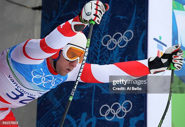 Silvan Zurbriggen of Switzerland practices during the Men's Downhill skiing 1st training run ahead of the Vancouver 2010 Winter Olympics on February...