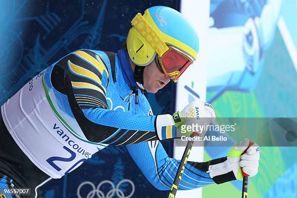 Patrik Jaerbyn of Sweden practices during the Men's Downhill skiing 1st training run ahead of the Vancouver 2010 Winter Olympics on February 10, 2010...