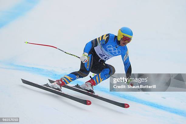 Patrik Jaerbyn of Sweden practices during the Men's Downhill skiing 1st training run ahead of the Vancouver 2010 Winter Olympics on February 10, 2010...