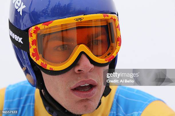 Erik Guay of Canada practices during the Men's Downhill skiing 1st training run ahead of the Vancouver 2010 Winter Olympics on February 10, 2010 in...