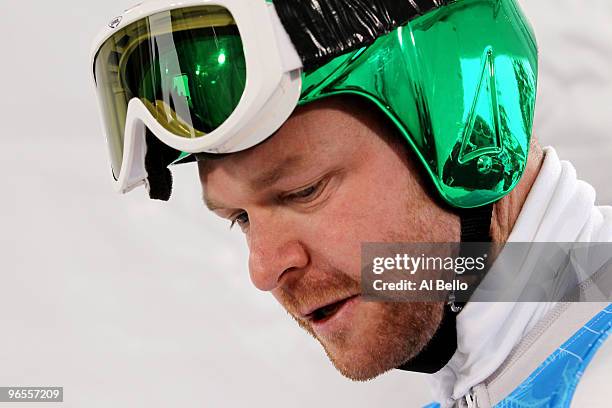 Klaus Kroell of Austria practices during the Men's Downhill skiing 1st training run ahead of the Vancouver 2010 Winter Olympics on February 10, 2010...