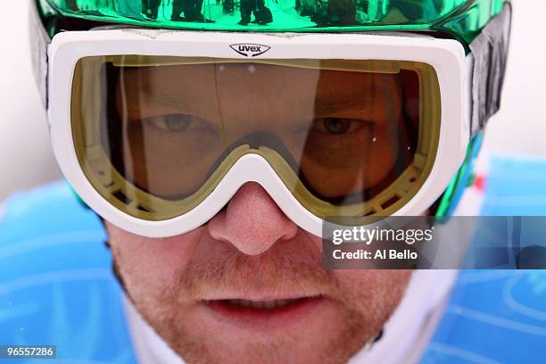 Klaus Kroell of Austria practices during the Men's Downhill skiing 1st training run ahead of the Vancouver 2010 Winter Olympics on February 10, 2010...