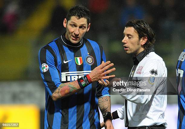 Marco Materazzi of Inter reacts to Christian Zaccardo of Parma during the Serie A match between at Parma FC and FC Internazionale Milano Ennio...