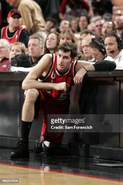 Rudy Fernandez of the Portland Trail Blazers waits on the sidelines on one knee to enter the game against the Utah Jazz at The Rose Garden on January...