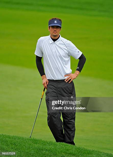 Actor Josh Duhamel waits to hit on during the 3M Celebrity Challenge at the AT&T Pebble Beach National Pro-Am at Pebble Beach Golf Links on February...