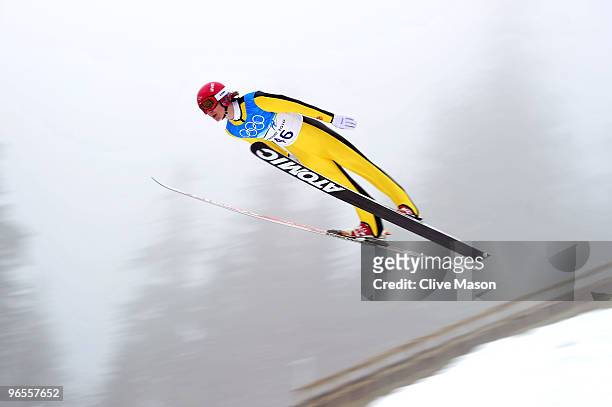 Tom Hilde of Norway performs a jump during a Ski Jumping training session ahead of the Vancouver 2010 Winter Olympics at the Ski Jumping Stadium on...
