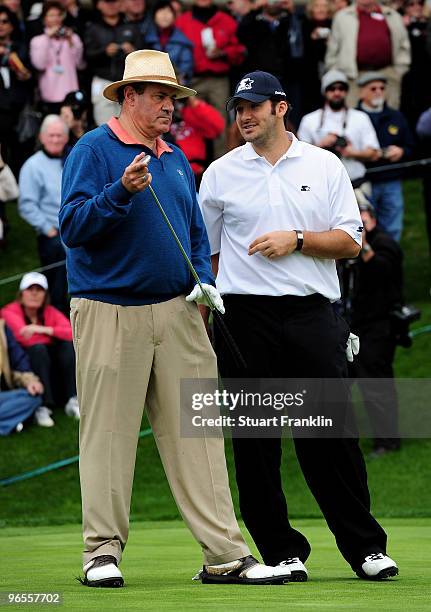 Chris Berman and Tony Romo talk during the celebrity shootout at the the AT&T Pebble Beach National Pro-Am on February 10, 2010 in Pebble Beach,...