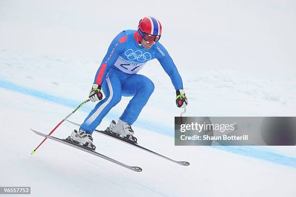 David Poisson of France practices during the Men's Downhill skiing 1st training run ahead of the Vancouver 2010 Winter Olympics on February 10, 2010...