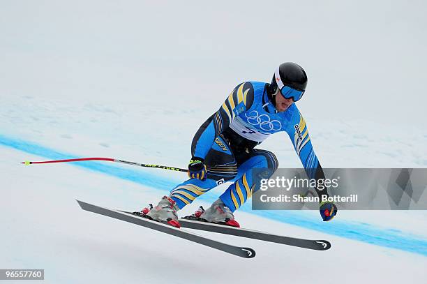 Hans Olsson of Sweden practices during the Men's Downhill skiing 1st training run ahead of the Vancouver 2010 Winter Olympics on February 10, 2010 in...